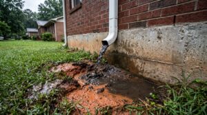A white downspout releasing rainwater directly at the base of a brick home, eroding the red Georgia clay into a muddy crater and pooling against the concrete foundation wall