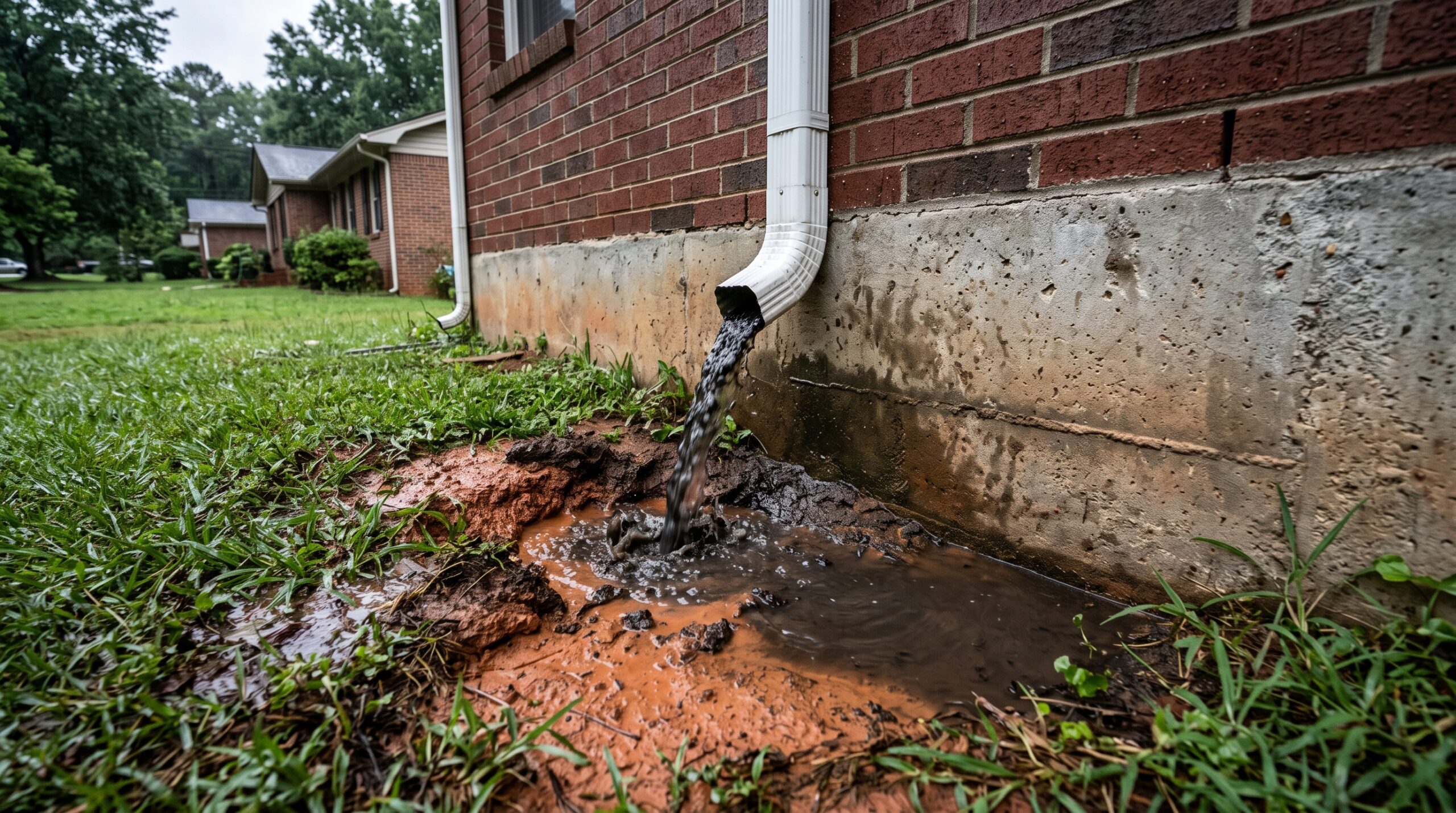 A white downspout releasing rainwater directly at the base of a brick home, eroding the red Georgia clay into a muddy crater and pooling against the concrete foundation wall