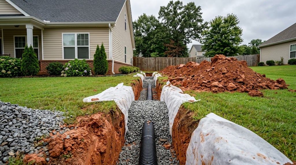 Open French drain trench beside a suburban Georgia home, with perforated pipe, washed gravel and filter fabric in the trench and a pile of excavated red clay on the lawn