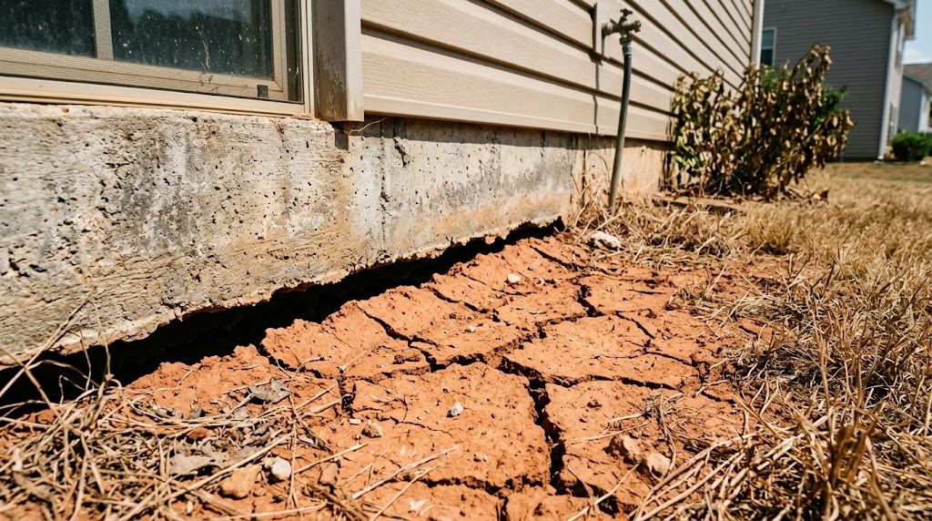 Cracked, dried red Georgia clay soil shrunk away from a concrete foundation wall, leaving an open gap along the base of the house