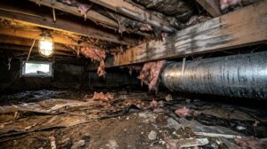 Damp crawl space with a bare dirt floor and torn plastic sheeting, wet fiberglass insulation falling from the floor joists, condensation covering a metal HVAC duct, and daylight coming through an open foundation wall vent