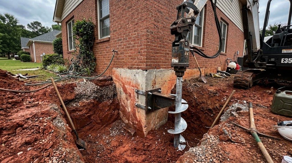 Excavated pit of red Georgia clay beside a brick home, exposing the concrete foundation, with a hydraulic drive head on a compact excavator driving a galvanized steel helical pier next to the footing