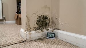 Dark mold patch spreading across beige drywall just above the baseboard in the corner of a finished basement, with water staining and bubbling paint, a hygrometer on the carpet showing a high humidity reading, and cardboard boxes in the background
