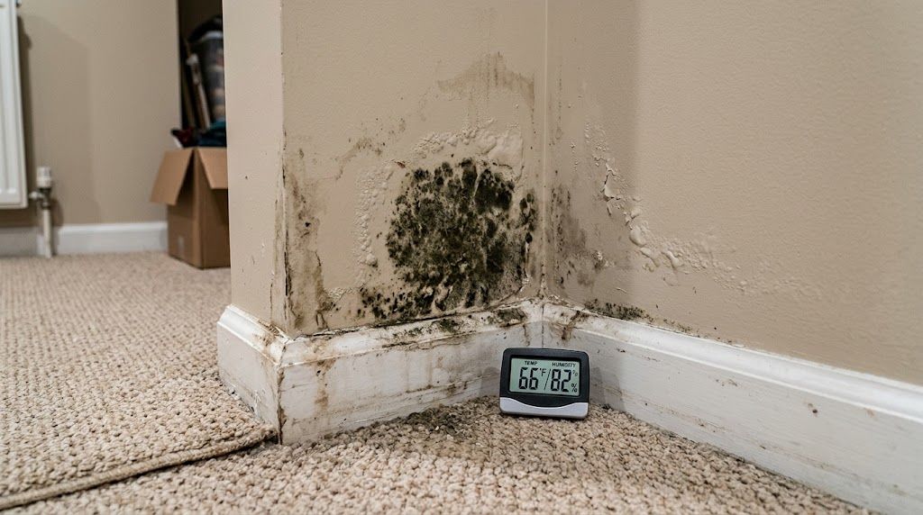 Dark mold patch spreading across beige drywall just above the baseboard in the corner of a finished basement, with water staining and bubbling paint, a hygrometer on the carpet showing a high humidity reading, and cardboard boxes in the background