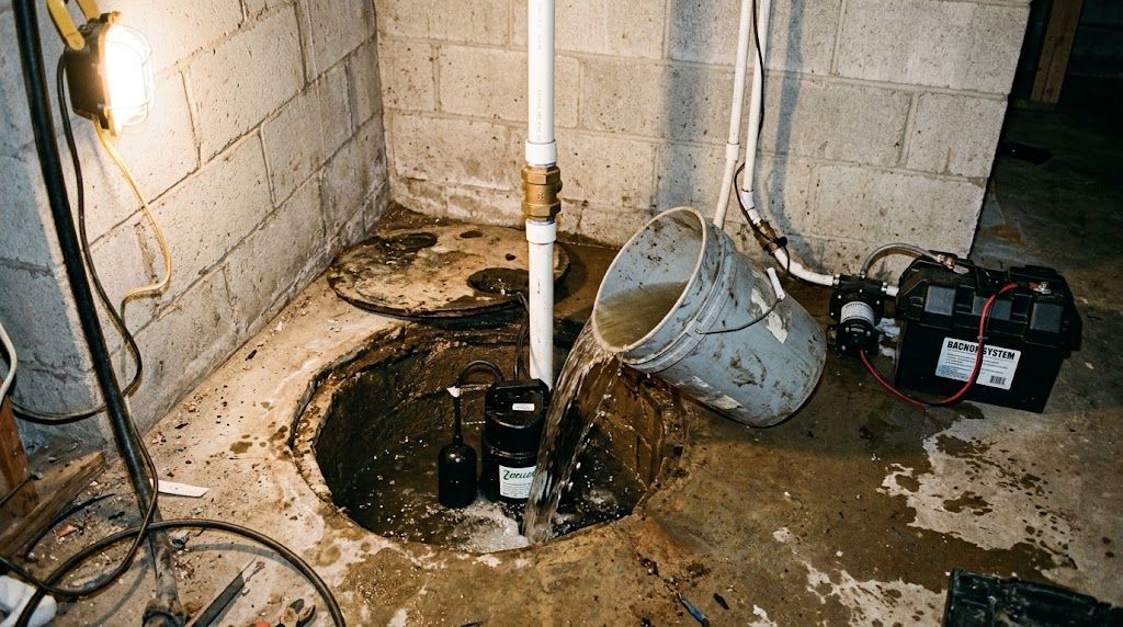 Open sump pump pit in the corner of a block-wall basement with a bucket pouring water into it, a white PVC discharge pipe with a check valve rising from the pit, and a black battery backup box on the floor beside it under a work light