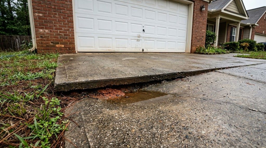 Concrete driveway slab that has dropped below the garage apron of a brick home, leaving a raised step at the joint with red clay and a puddle of water visible in the gap beneath the higher slab