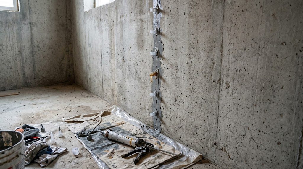 Crack injection on a poured concrete basement wall: injection ports along a vertical crack with an injection gun on a drop cloth