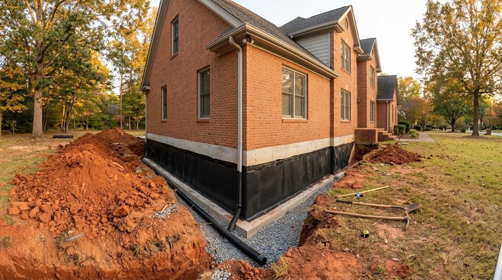 Exterior basement waterproofing on a Georgia brick home: excavated red clay trench, black membrane on the foundation wall and a footing drain in gravel