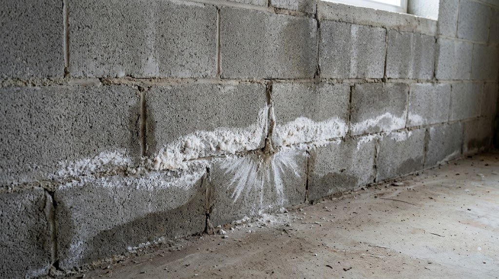 White powder on basement walls: a band of efflorescence salt deposits along a concrete block wall above the floor